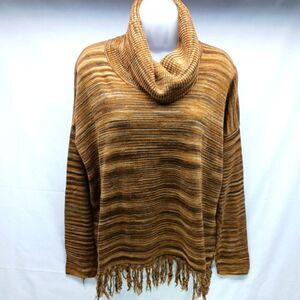 Jones New York Sport Striped Earth Toned Turtleneck with Tassel Hemline Medium.